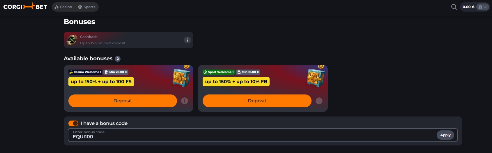 Screenshot Corgibet - Bonus Sans Dépôt 100 Tours Gratuits avec code EQUI100