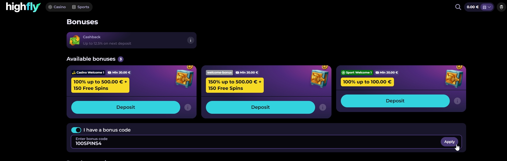 Screenshot HighFlyBet - Bonus Sans Dépôt 100 Tours Gratuits avec code 100SPINS4