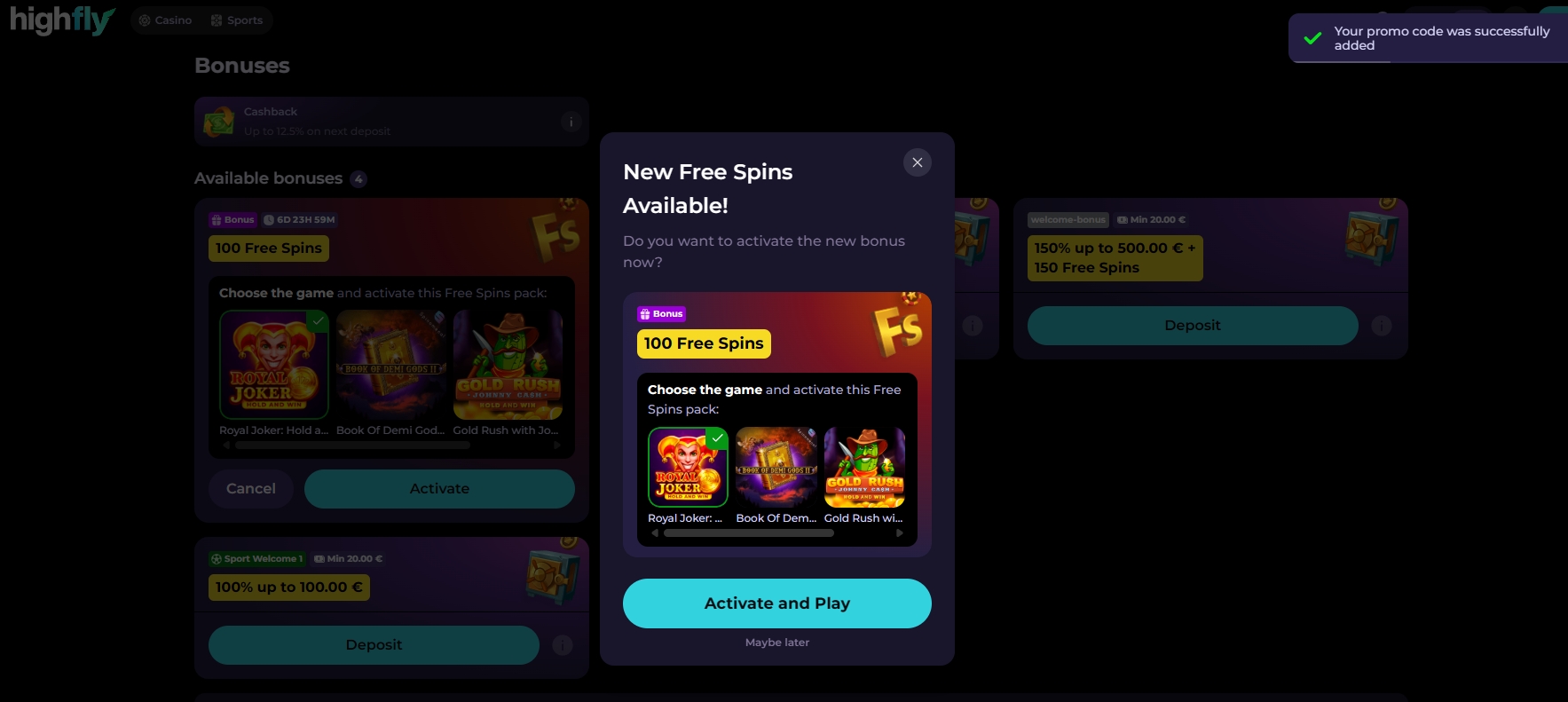 Screenshot HighFlyBet - Choix des jeux 100 Tours Gratuits