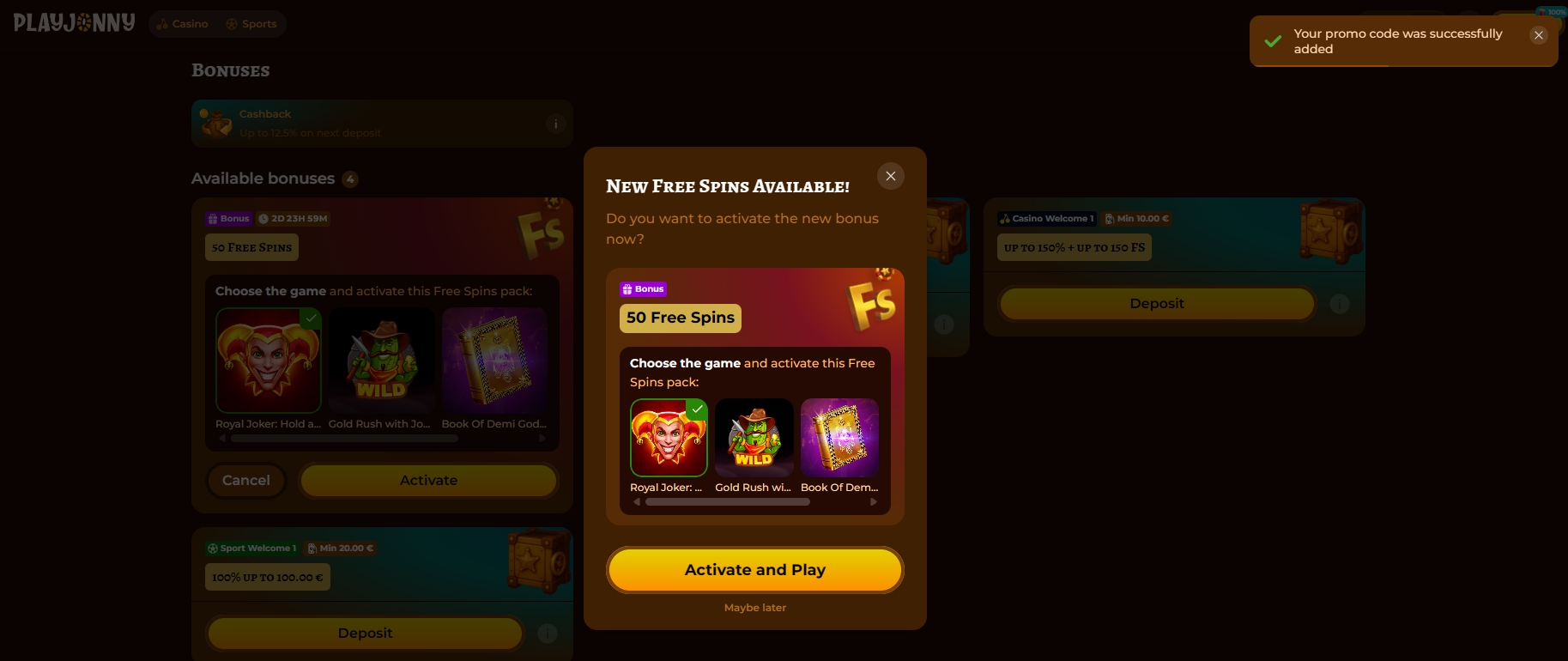 Screenshot Play Jonny - Choix des jeux 50 Tours Gratuits