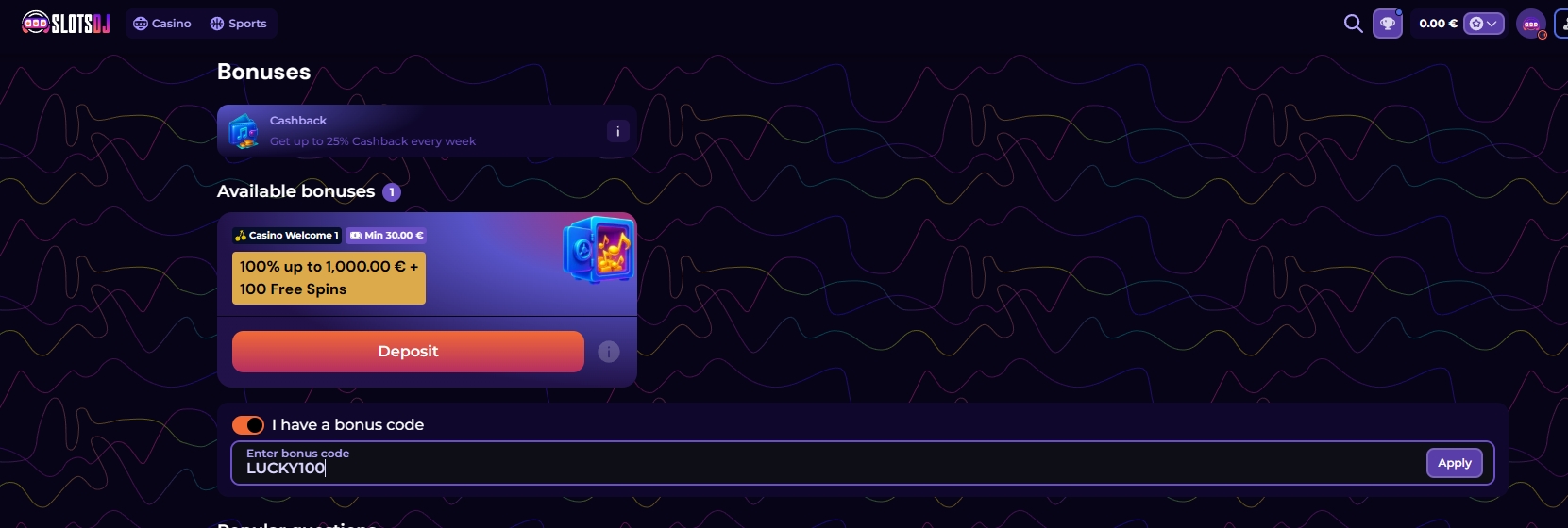 Screenshot SlotsDJ - Bonus Sans Dépôt 100 Tours Gratuits avec code LUCKY100