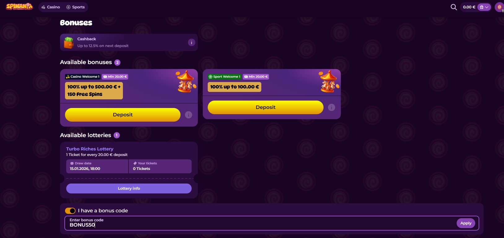 Screenshot Spinania - Bonus Sans Dépôt 50 Tours Gratuits avec code BONUS50