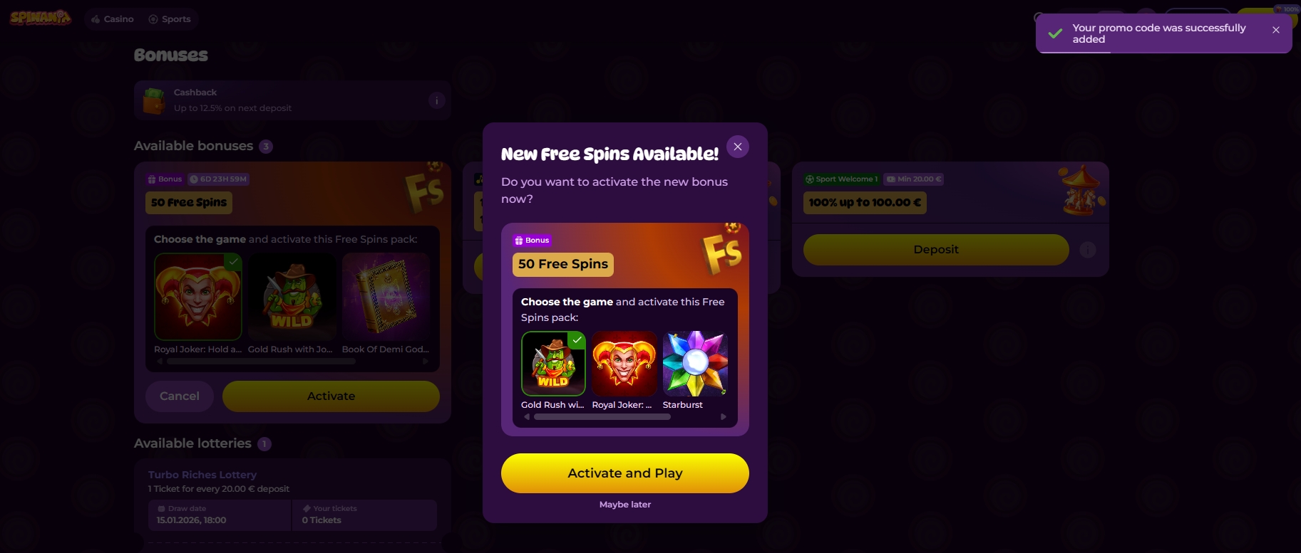 Screenshot Spinania - Choix des jeux 50 Tours Gratuits