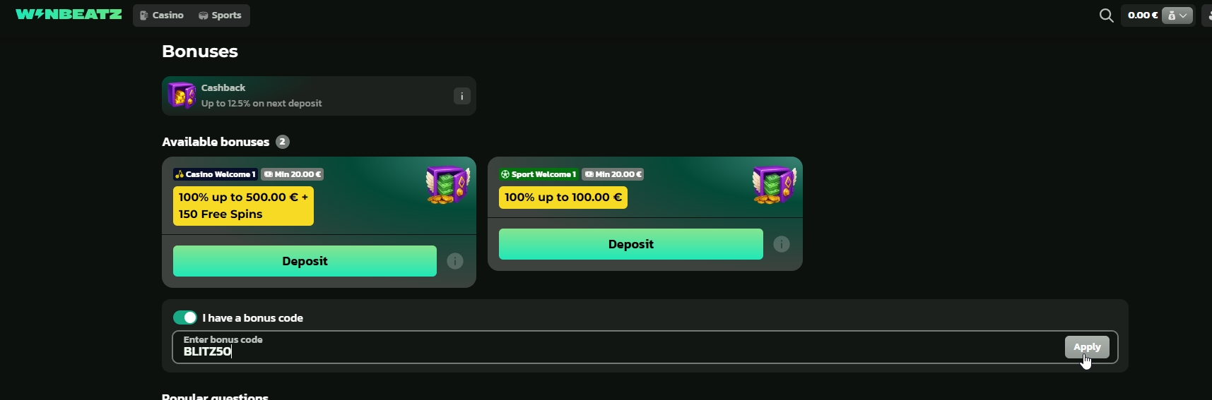 Screenshot Winbeatz - Bonus Sans Dépôt 50 Tours Gratuits avec code BLITZ50